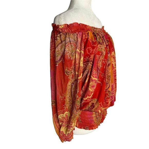 Vintage Off the Shoulder Paisley Blouse XL Red Sheer Lined Elastic Shirred Waist - Picture 5 of 6